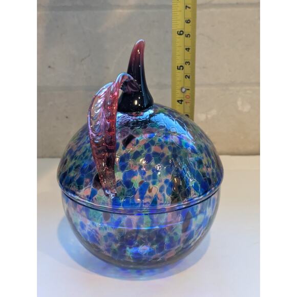 VTG Design Guild Czech Art Glass Candy Dish Apple Shape Iridescent Lid Bowl Rare - Picture 10 of 11